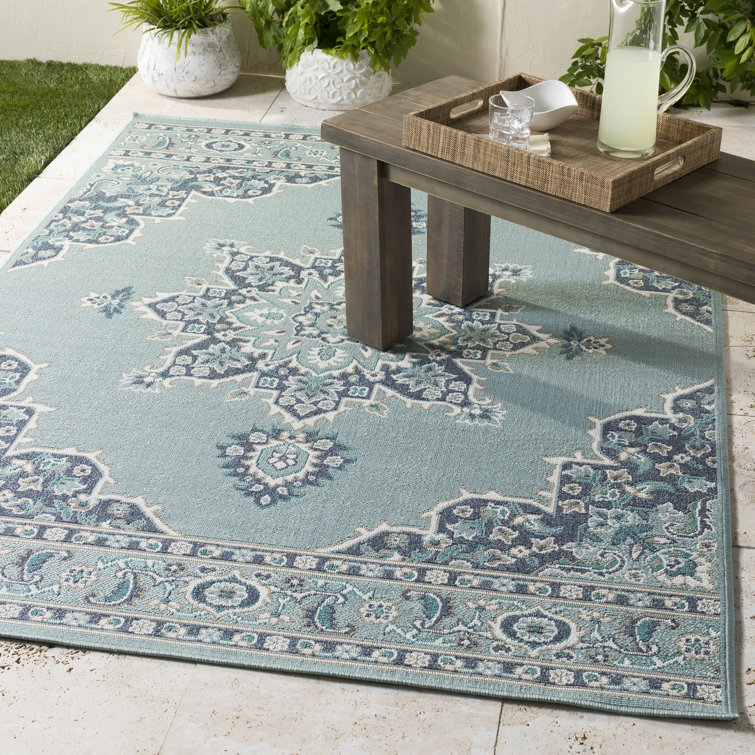 Alcott Hill® Hsieh Oriental Charcoal/Aqua Indoor / Outdoor Area Rug